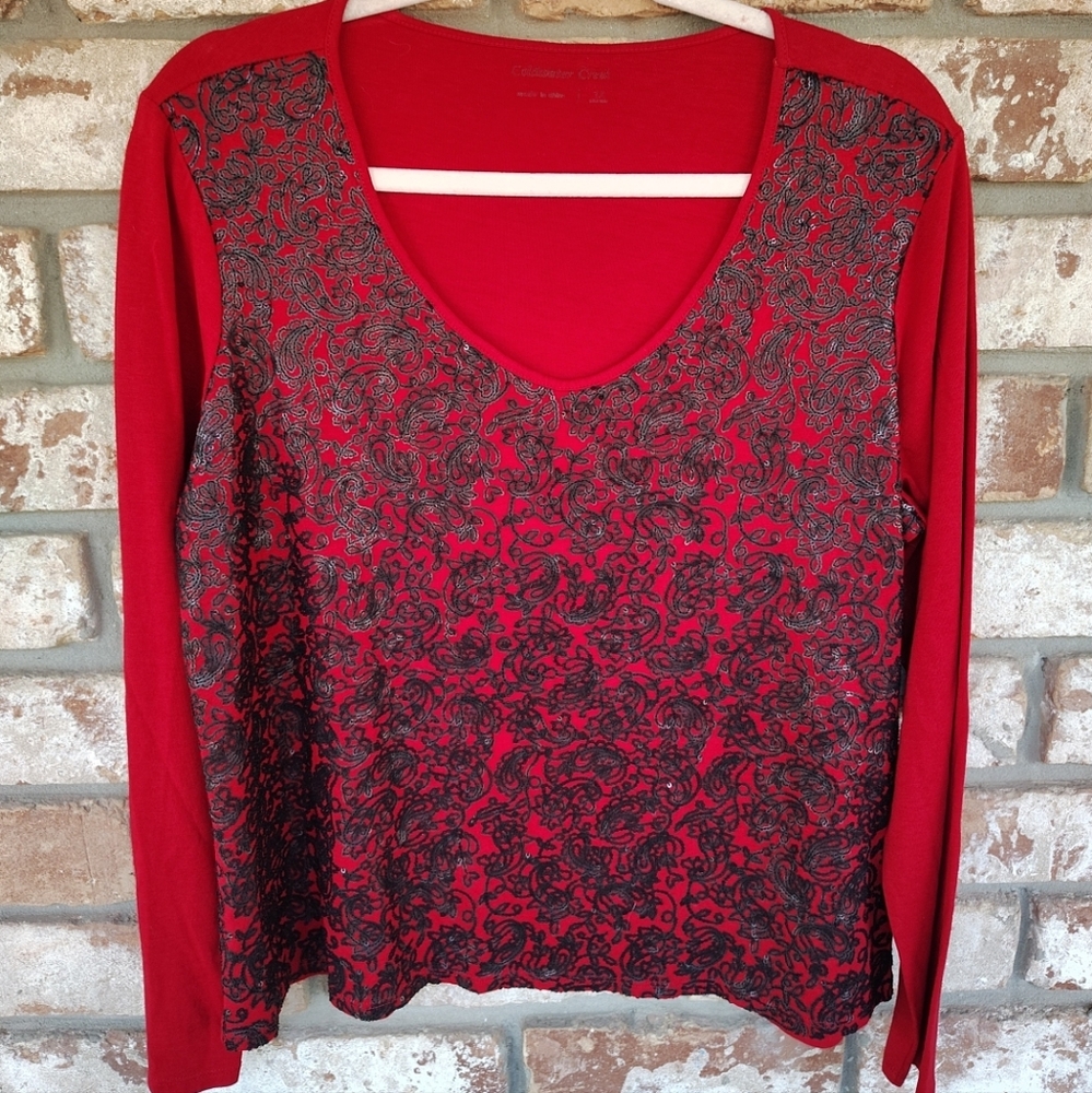 Coldwater Creek Red & Black Sequin Front Long Sleeve V-Neck Top 1X Gothic Vamp